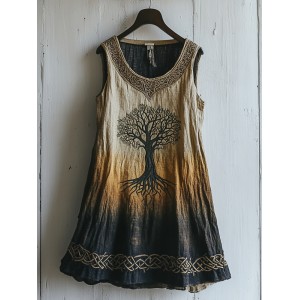 Women's Viking Tree Of Life Celtic Gradient Art Linen Sleeveless Top