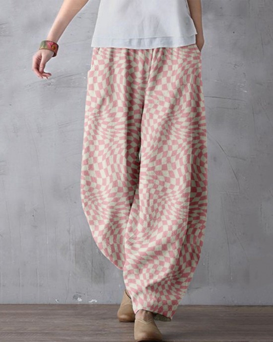Wavy Checkerboard Pattern Linen Blend Comfy Pants
