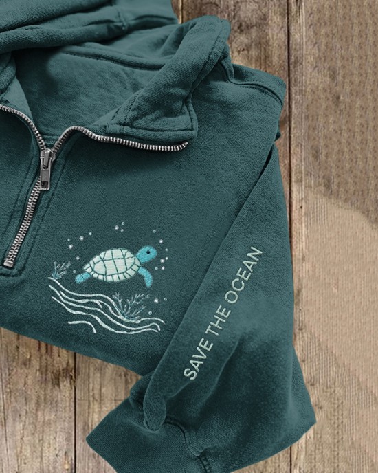 Save The Ocean Sea Turtles Embroidered Zip Up Sweatshirt Save The Ocean Sea Turtles Embroidered Zip Up Sweatshirt