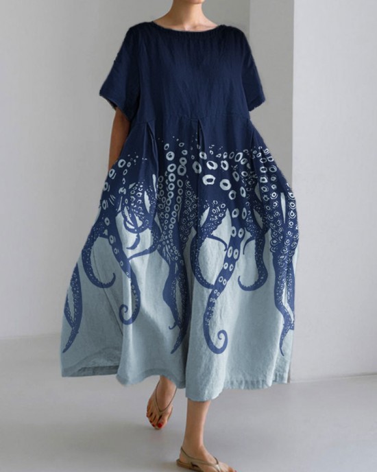 Ocean Octopus Japanese Art Linen Blend Casual Dress Ocean Octopus Japanese Art Linen Blend Casual Dress