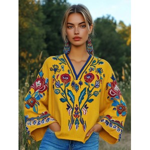 Ukrainian Folk Floral Tattoo Art Linen V-neck Shirt