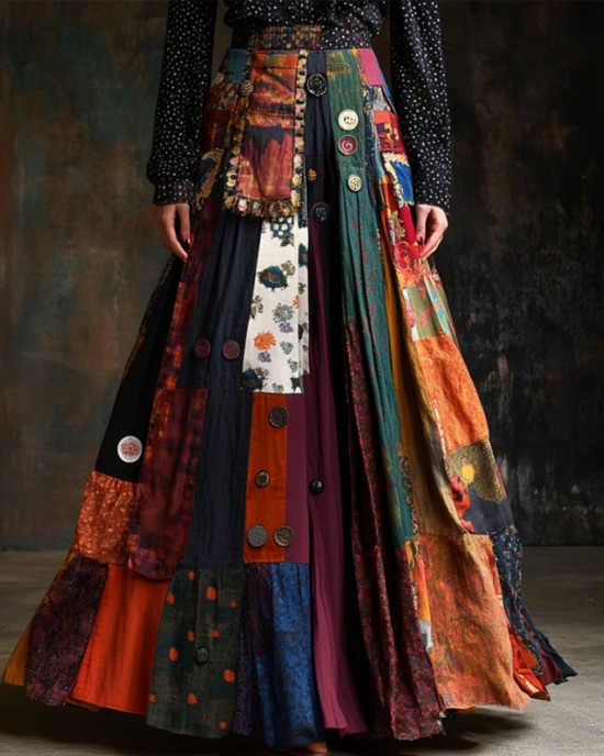 Bohemian Style Colorful Patchwork Ethnic Print Skirt Bohemian Style Colorful Patchwork Ethnic Print Skirt