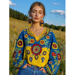 Ukrainian Folk Sunflower Floral Embroidery Contrasting Color Linen V-neck Shirt