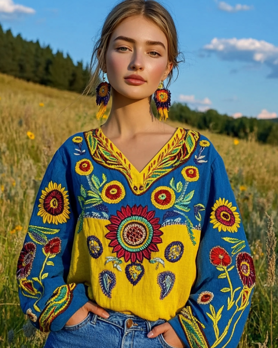 Ukrainian Folk Sunflower Floral Embroidery Contrasting Color Linen V-neck Shirt