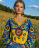 Ukrainian Folk Sunflower Floral Embroidery Contrasting Color Linen V-neck Shirt