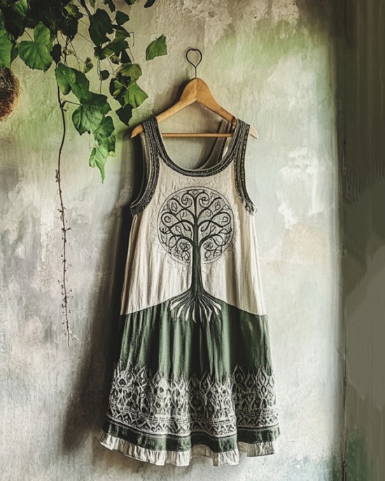 Vintage Tribal Celtic Knot Life Of Tree Patchwork Art Linen Tank Dress