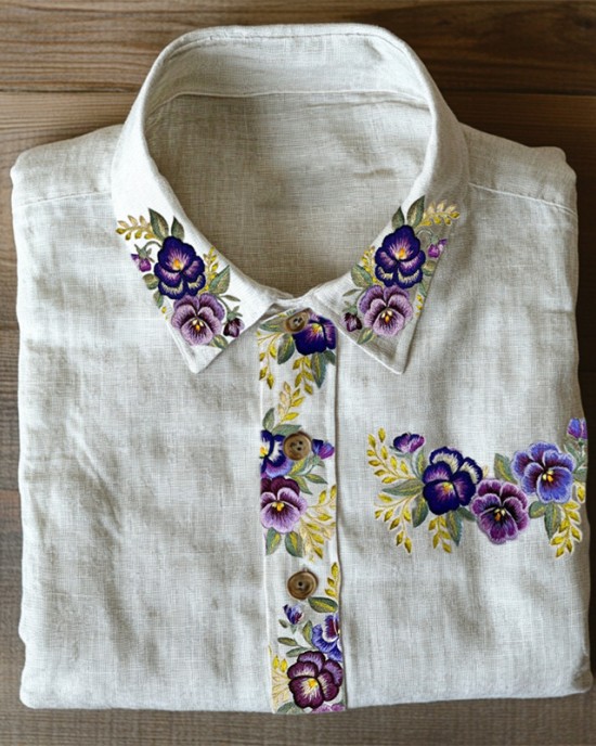 Classy Pansy Floral Embroidered Linen Blend Blouse Classy Pansy Floral Embroidered Linen Blend Blouse