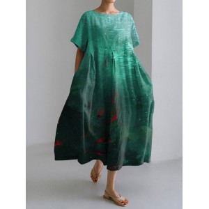 Fish Art Print Round Neck Short Sleeve Casual Midi Dress