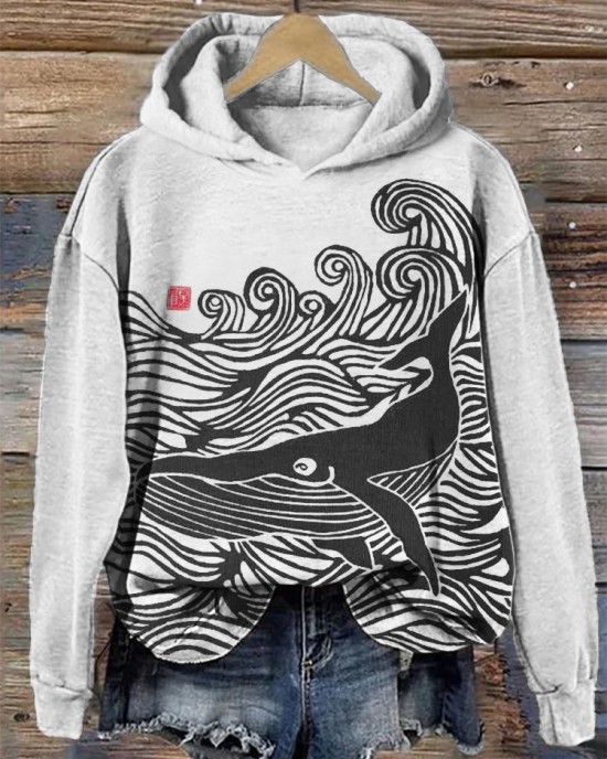 Whale & Waves Ancient Japanese Art Cozy Hoodie Whale & Waves Ancient Japanese Art Cozy Hoodie