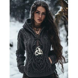 Women's Viking Tribal Witch Inspired Chunky Knit Hooded Sweater