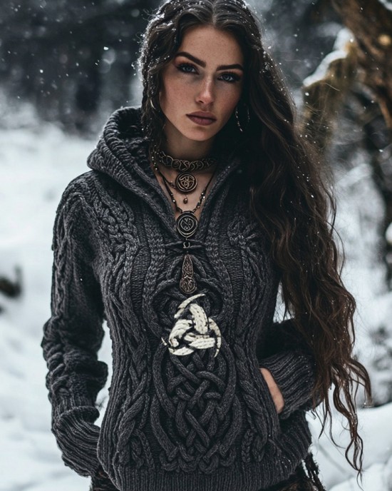 Women's Viking Tribal Witch Inspired Chunky Knit Hooded Sweater Women's Viking Tribal Witch Inspired Chunky Knit Hooded Sweater