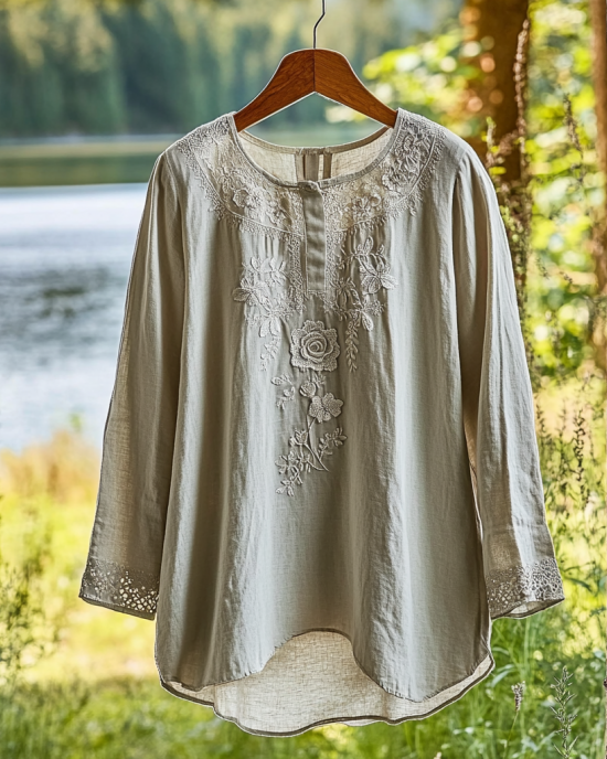 Women's Lace Cutout Rose Floral Design Linen Shirt