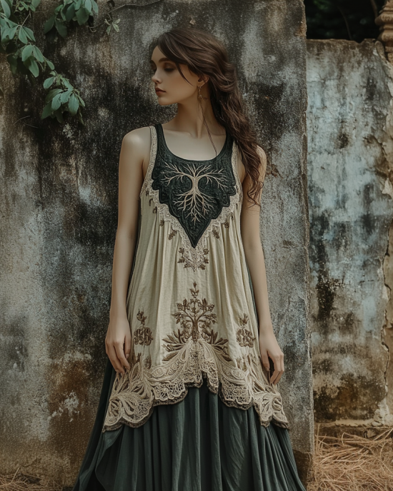 Vintage Tribal Celtic Knot Life Of Tree Patchwork Tank Midi Dress