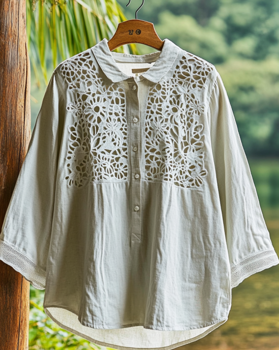 Women's Lace Cut-out Floral Design Lapel Linen Shirt