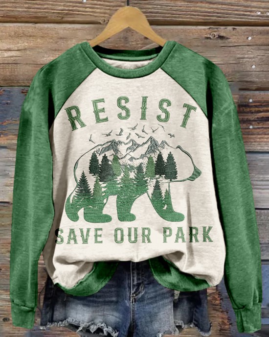 Resist Save Our Park Embroidered Contrast Color Washed Sweatshirt Resist Save Our Park Embroidered Contrast Color Washed Sweatshirt