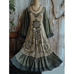 Women's Vintage Tribal Viking Tree Of Life Patchwork Dress