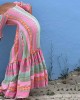 Vintage Geometric Color Block Bohemian Leisure Holiday Pleated Patchwork Half Sleeve Square Neck Colorful Midi Dress