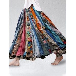 Boho Colorful Textile Flowy Linen Blend Wide Skirt