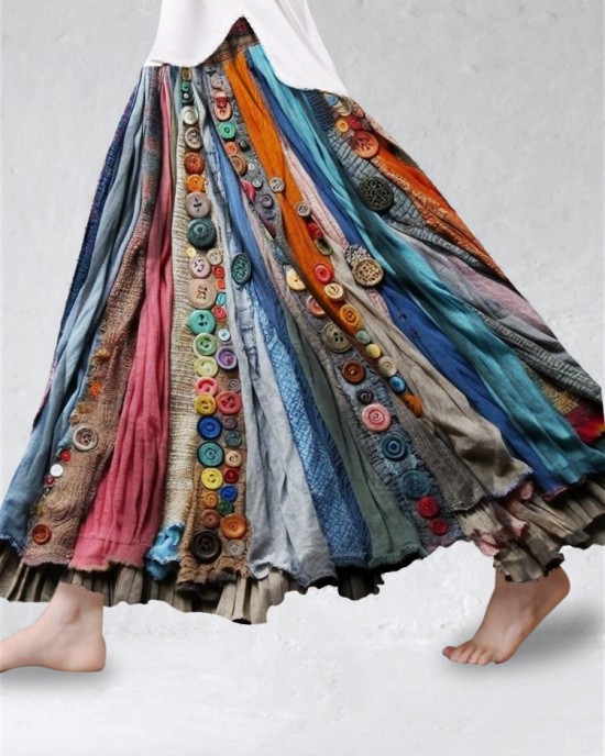 Boho Colorful Textile Flowy Linen Blend Wide Skirt Boho Colorful Textile Flowy Linen Blend Wide Skirt