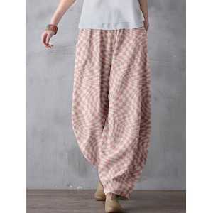 Wavy Checkerboard Pattern Linen Blend Comfy Pants