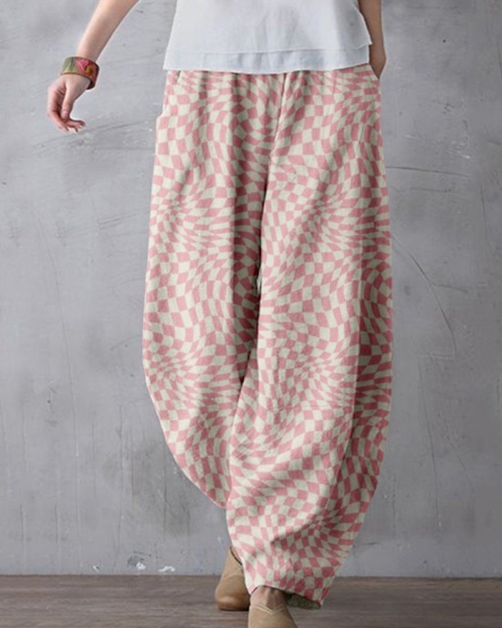 Wavy Checkerboard Pattern Linen Blend Comfy Pants