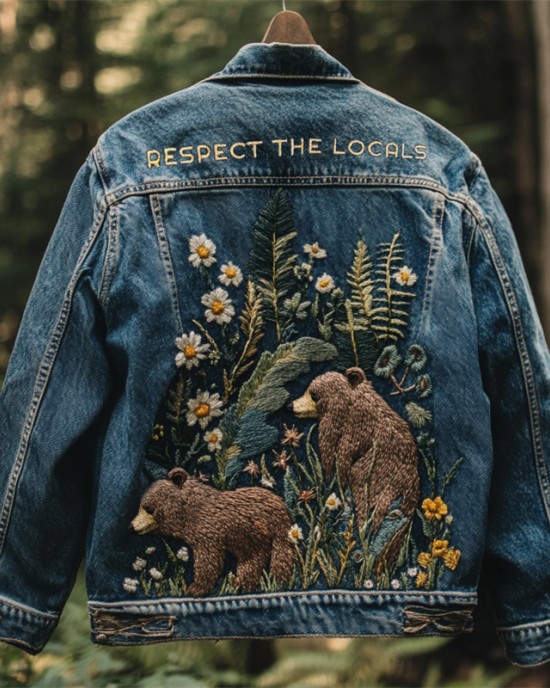Respect The Locals Bears Floral Embroidered Denim Jacket
