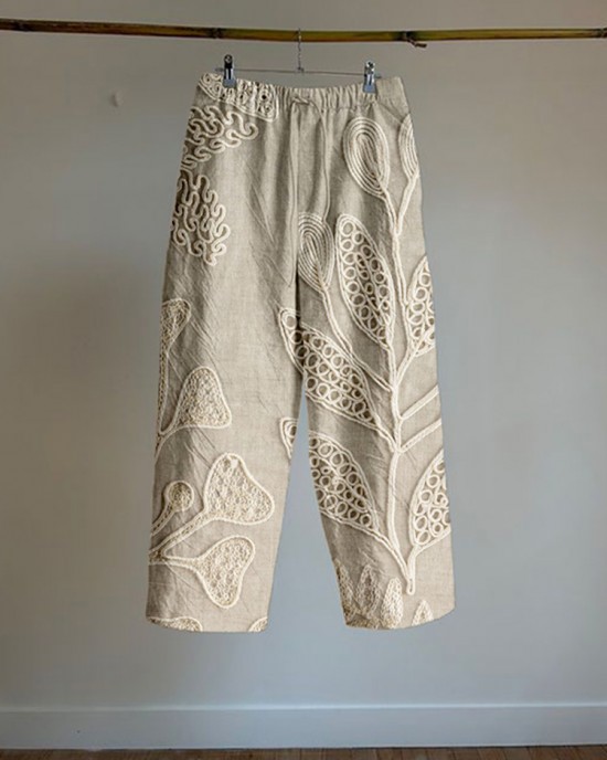 Vintage Leaf Embroidery Art Linen Blend Comfy Pants Vintage Leaf Embroidery Art Linen Blend Comfy Pants