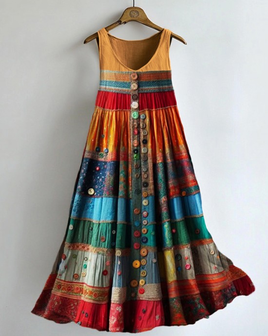Boho Colorful Textile Flowy Linen Blend Tank Dress Boho Colorful Textile Flowy Linen Blend Tank Dress