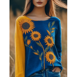 Women's Ukrainian Sunflower Color Block Art Linen Shirt