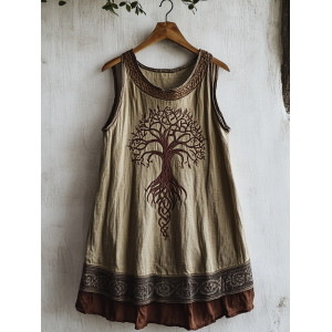 Women's Viking Tree Of Life Celtic Knot Pattern Art Linen Sleeveless Top