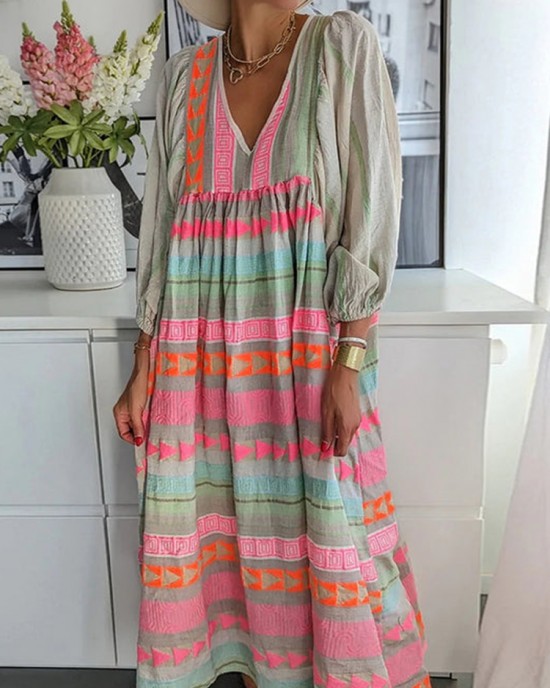 Vintage Colorful Linen Blend Midi Dress Vintage Colorful Linen Blend Midi Dress