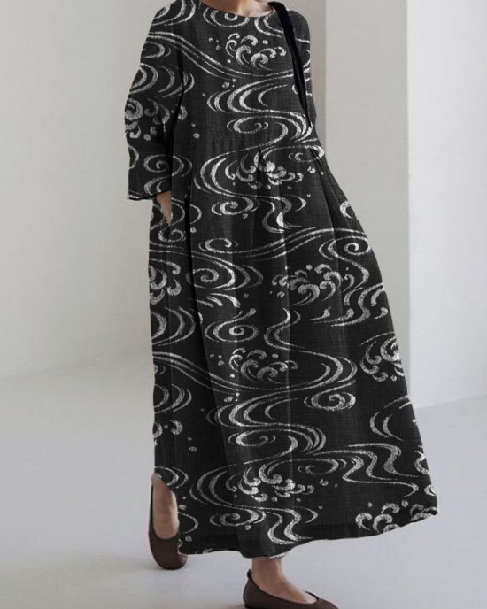 Sea Waves Japanese Art Linen Blend Maxi Dress Sea Waves Japanese Art Linen Blend Maxi Dress