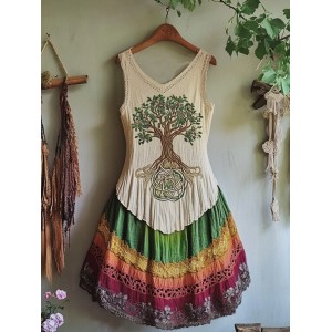Vintage Tribal Celtic Knot Life Of Tree With Rainbow Patchwork Art Linen Tank Dress