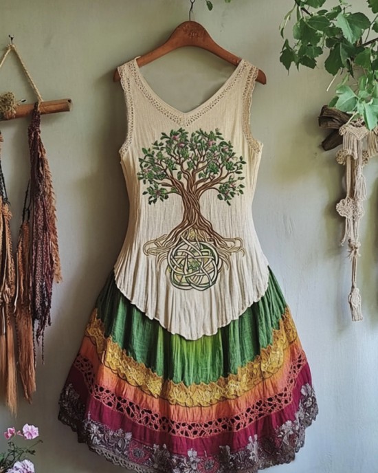Vintage Tribal Celtic Knot Life Of Tree With Rainbow Patchwork Art Linen Tank Dress Vintage Tribal Celtic Knot Life Of Tree With Rainbow Patchwork Art Linen Tank Dress