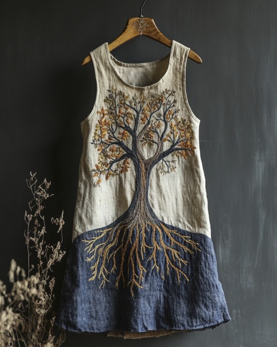 Tree Of Life Embroidered Vintage Art Women's Linen Vest Dress