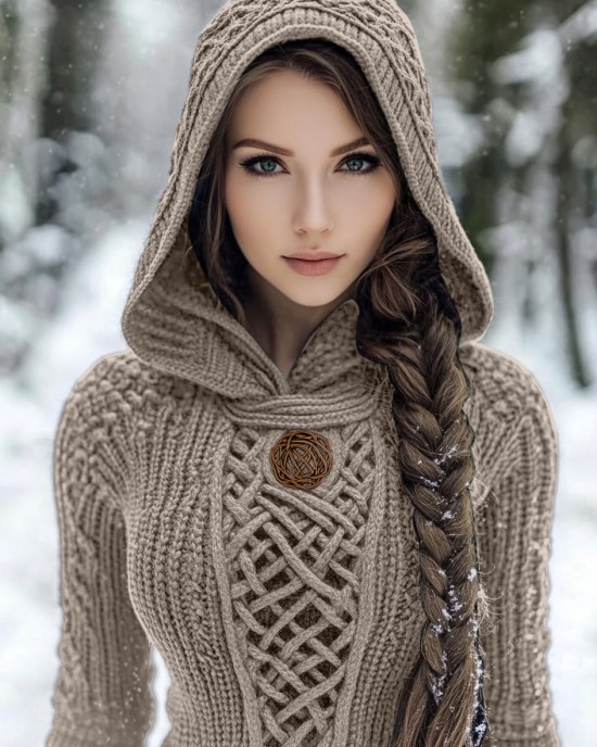 Women's Viking Style Knitted Cozy Hooded Sweater