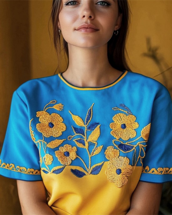 Ukraine Ethnic Floral Embroidered Contrast Color T Shirt