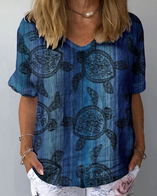 Women's Turtle Pattern Linen Blend T-shirt Women's Turtle Pattern Linen Blend T-shirt