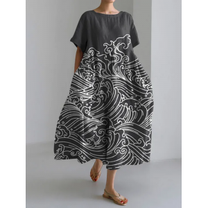 Japanese Style Marine Loose Short Sleeved Midi Dress