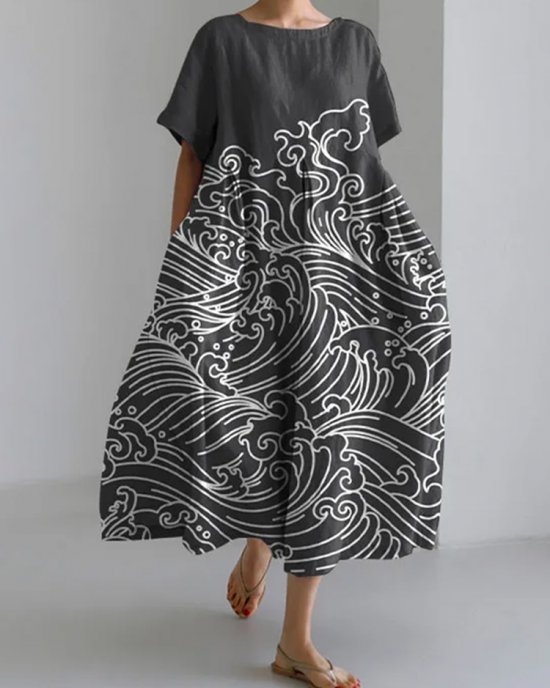 Japanese Style Marine Loose Short Sleeved Midi Dress