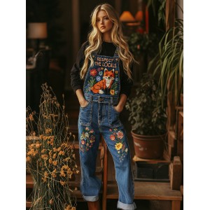 Respect The Locals Fox Floral Art Embroidered Denim Overalls