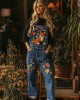 Respect The Locals Fox Floral Art Embroidered Denim Overalls Respect The Locals Fox Floral Art Embroidered Denim Overalls