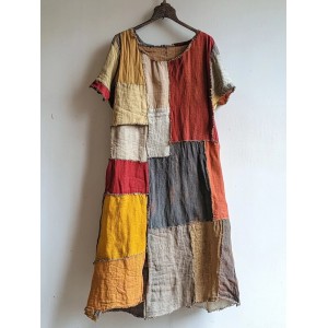Vintage Patchwork Art Linen Blend Midi Dress