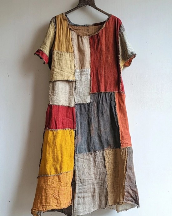 Vintage Patchwork Art Linen Blend Midi Dress Vintage Patchwork Art Linen Blend Midi Dress