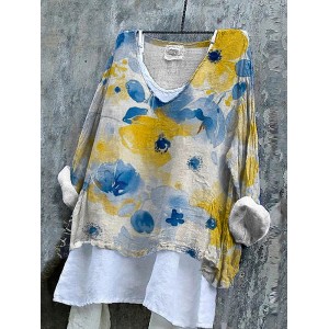 Ukrainian Floral Print Linen Women's V-neck Shirt