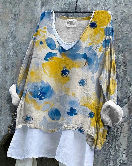 Ukrainian Floral Print Linen Women's V-neck Shirt