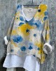 Ukrainian Floral Print Linen Women's V-neck Shirt