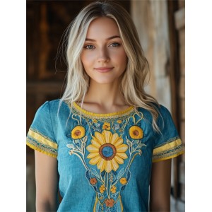 Ukrainian Ethnic Sunflower Floral Embroidery Lace Hem T Shirt
