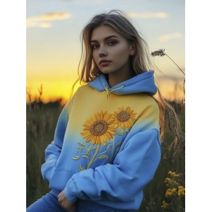 Ukrainian Sunflower Embroidery Yellow And Blue Gradient Women's Hoodie