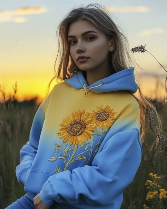 Ukrainian Sunflower Embroidery Yellow And Blue Gradient Women's Hoodie Ukrainian Sunflower Embroidery Yellow And Blue Gradient Women's Hoodie